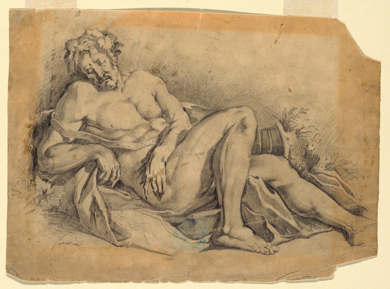 Rajz, Bacchus alszik (Poussin után), 1886-92 alkotó: Leon Dabo