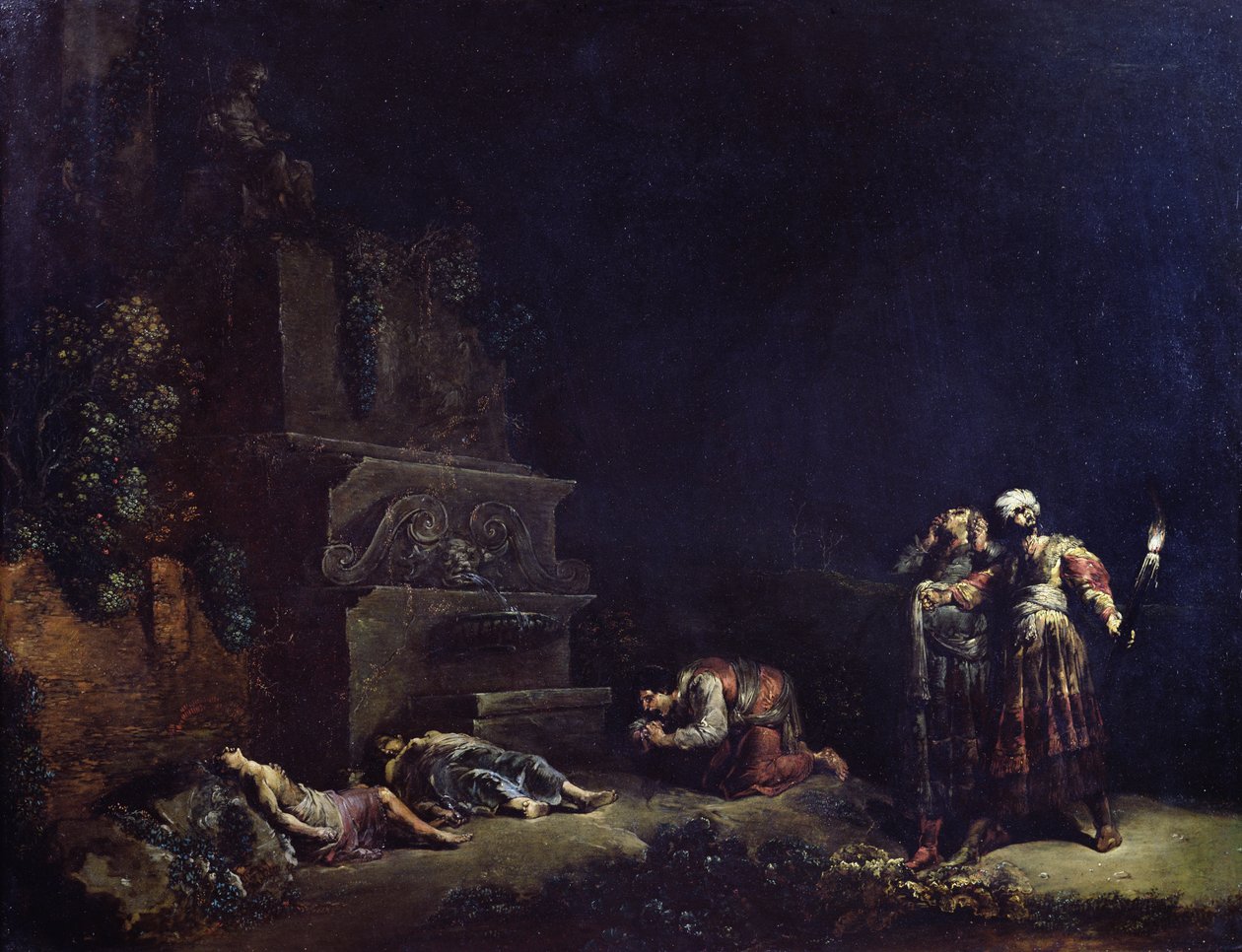 Pyramus és Thisbe testeinek felfedezése, 1630-35 körül (olaj rézre) alkotó: Leonard Bramer