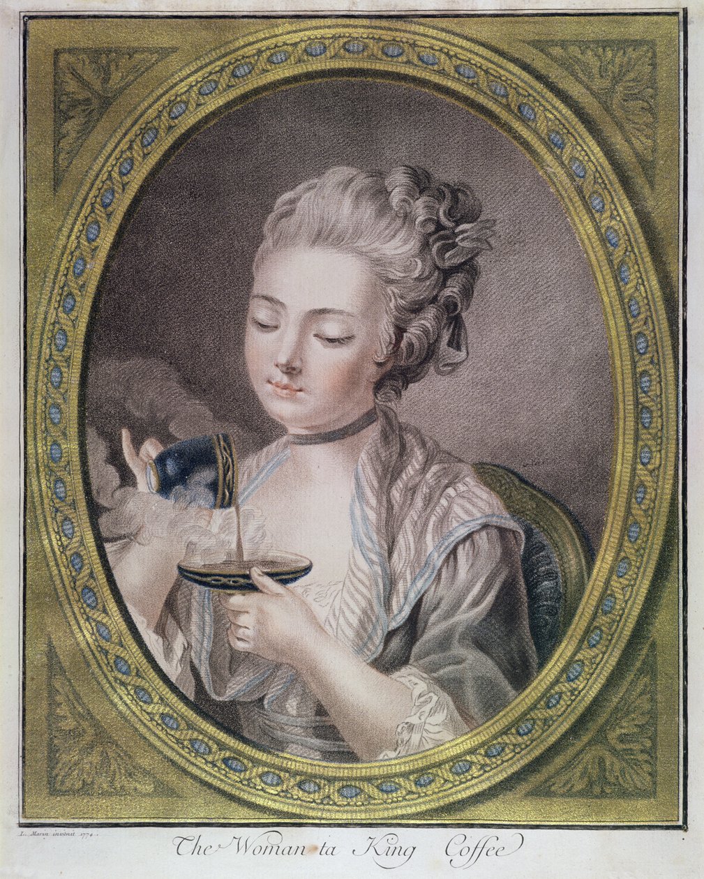 A nő kávézik, 1774 körül (kréta gravírozása, színezett és arannyal kiemelve) alkotó: Leonardo Marini