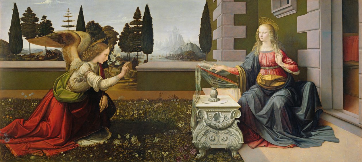 Angyali üdvözlet, 1472-75 (helyreállítás után) alkotó: Leonardo da Vinci