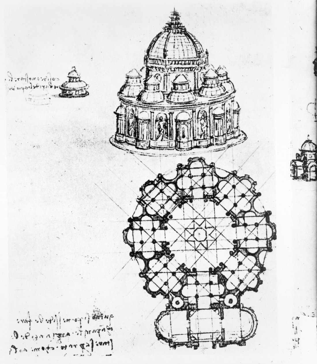 Egy centralizált templom részlete, 1488 körüli toll és tus, fekete kréta és mosás alkotó: Leonardo da Vinci