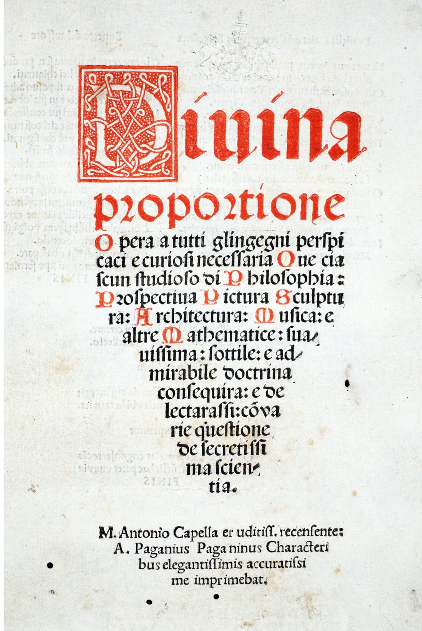 Előlap, Luca Pacioli (kb. 1445-1517) „Divina Proportione”-ból, eredetileg pub. Velence, 1509 alkotó: Leonardo da Vinci