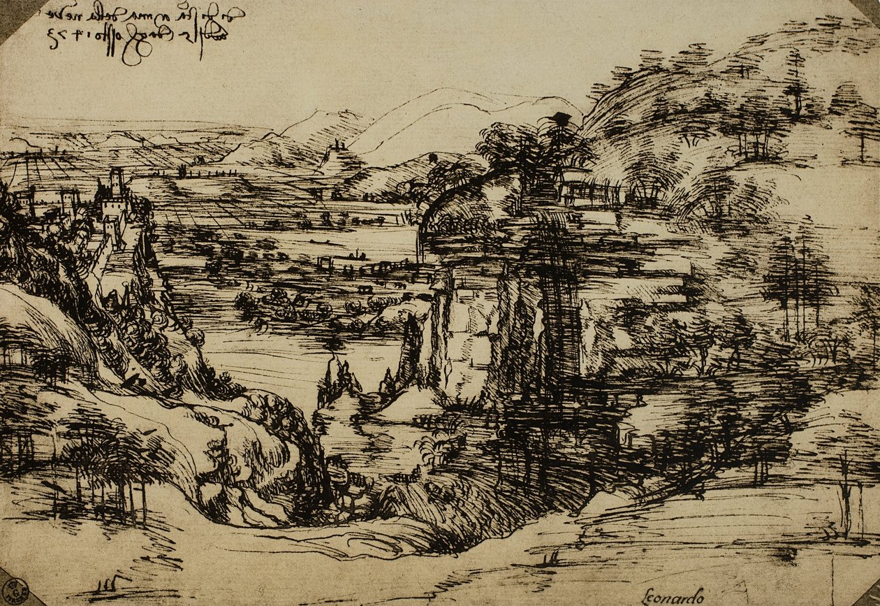 Az Arno-völgy tája, toll papíron, Leonardo da Vinci (1452-1519), Rajz- és Nyomtatványszekrény, Uffizi Galéria, Firenze alkotó: Leonardo da Vinci