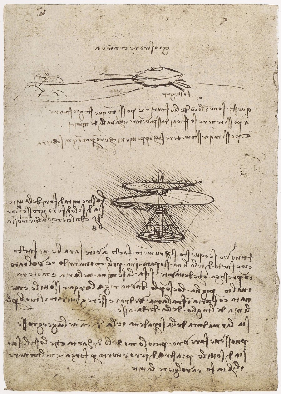 MS B 2173 fol. 83V-os légcsavar tanulmányozása, 1488-90 (toll és tinta papíron) (lásd még: 162317) alkotó: Leonardo da Vinci