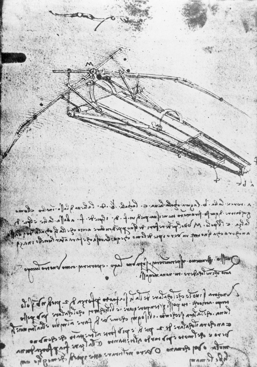 MS B 2173, folio 74v: Tanulmány egy repülő géphez, 1487-1490 alkotó: Leonardo da Vinci