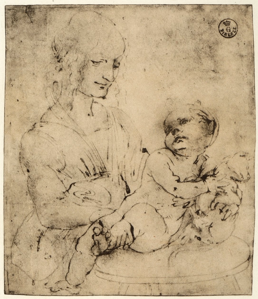 Tanulmány egy Madonnáról és a gyermekről (fekete tinta a papíron) alkotó: Leonardo da Vinci