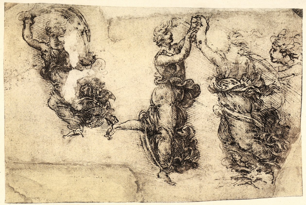 Néhány táncoló női alak tanulmányozása; Leonardo da Vinci által megsárgult papírra készült tollrajz, amelyet a velencei Akadémia Galériájában őriztek. alkotó: Leonardo da Vinci