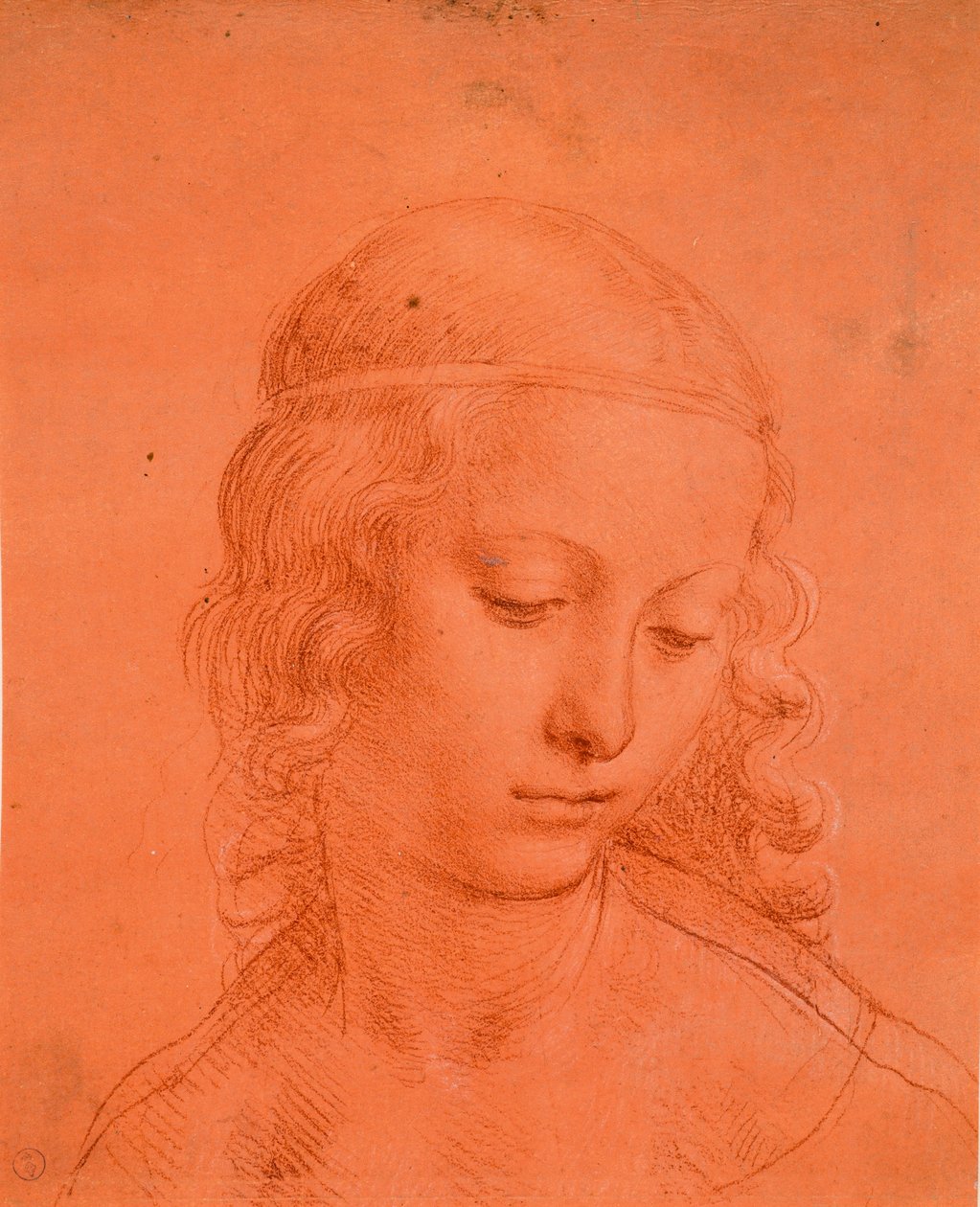 Leányfej, c. 1508-10 (vér, fehér lakk, előkészített piros papíron) alkotó: Leonardo da school of Vinci