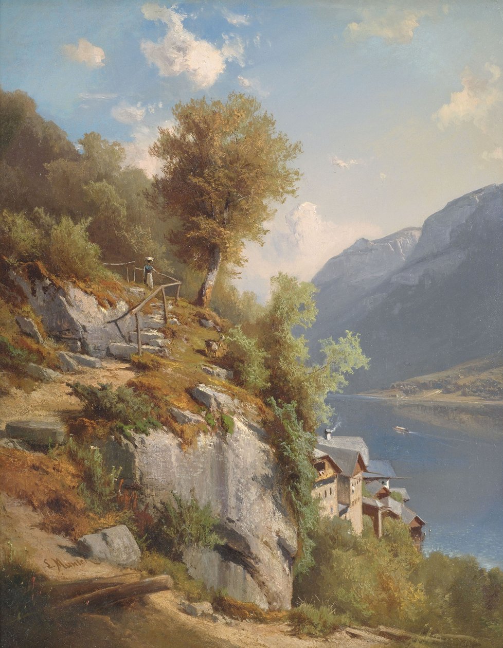 Nyári táj kilátással a Hallstatt -tóra alkotó: Leopold Munsch