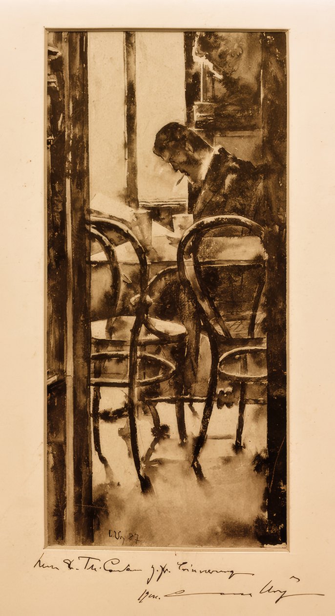 Café Gelber Hamburgban (újságolvasó ember a kávézóban) alkotó: Lesser Ury
