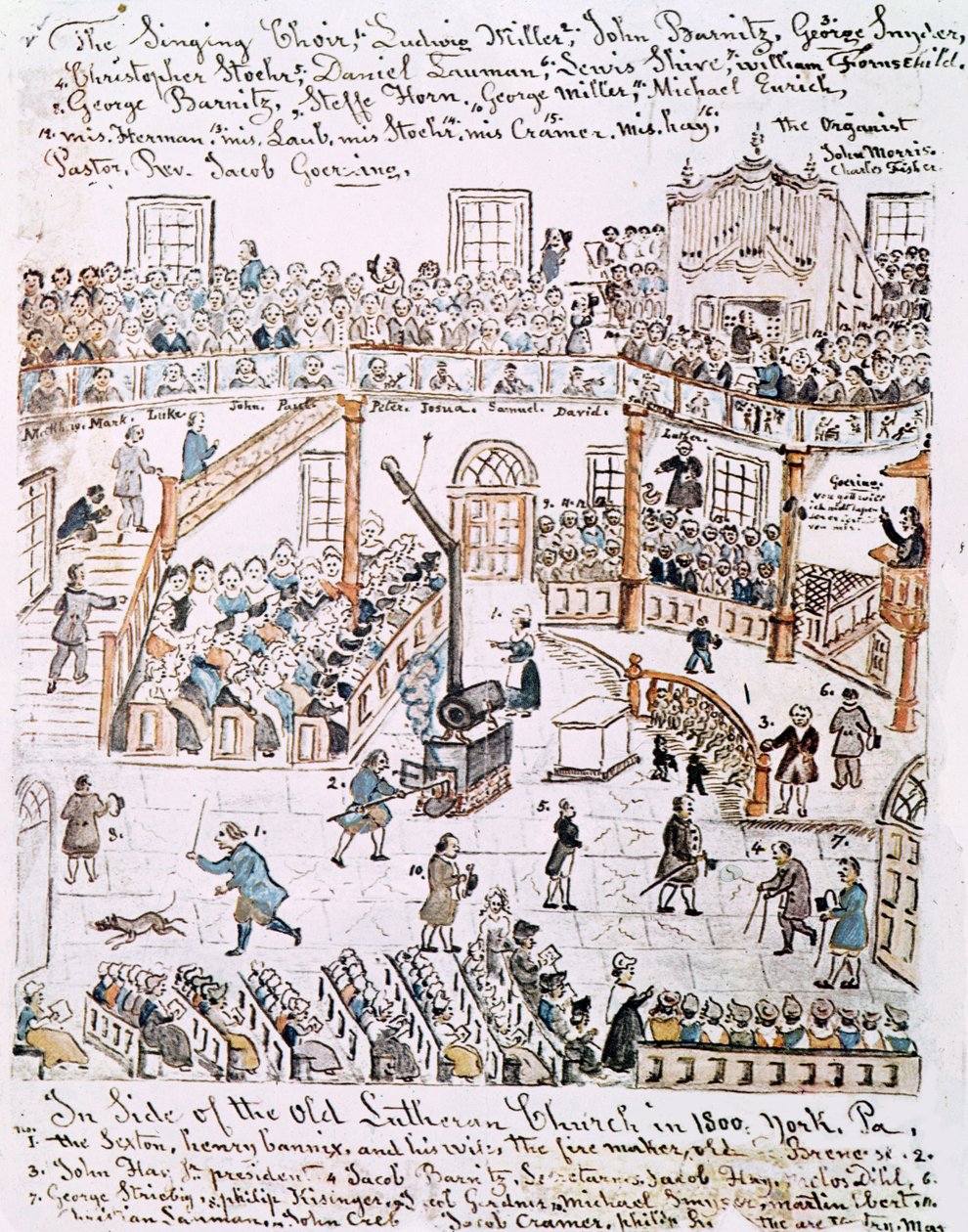 A régi lutheránus templom belsejében, York megyében, 1800 alkotó: Lewis Miller