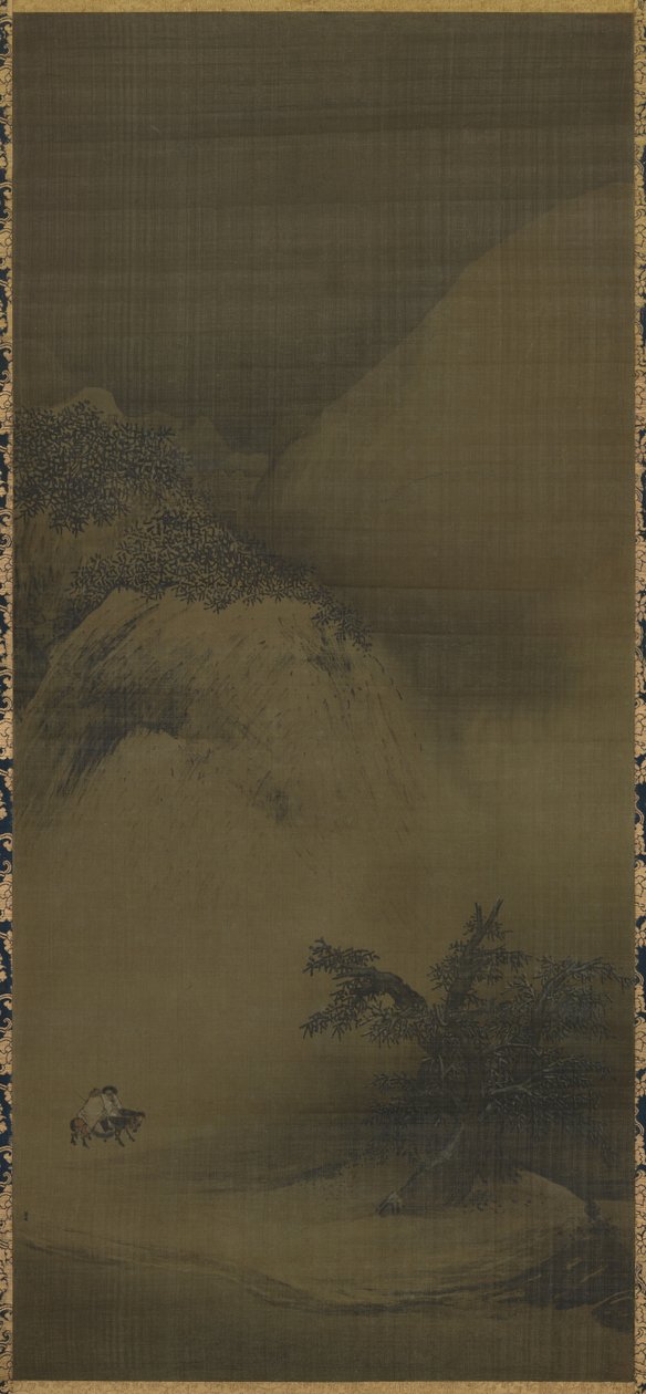 Havas táj, tájkép (絹本墨画淡彩雪景山水図, kenpon bokuga tansai sekkei sansui zu). Függő tekercs alkotó: Liang Kai