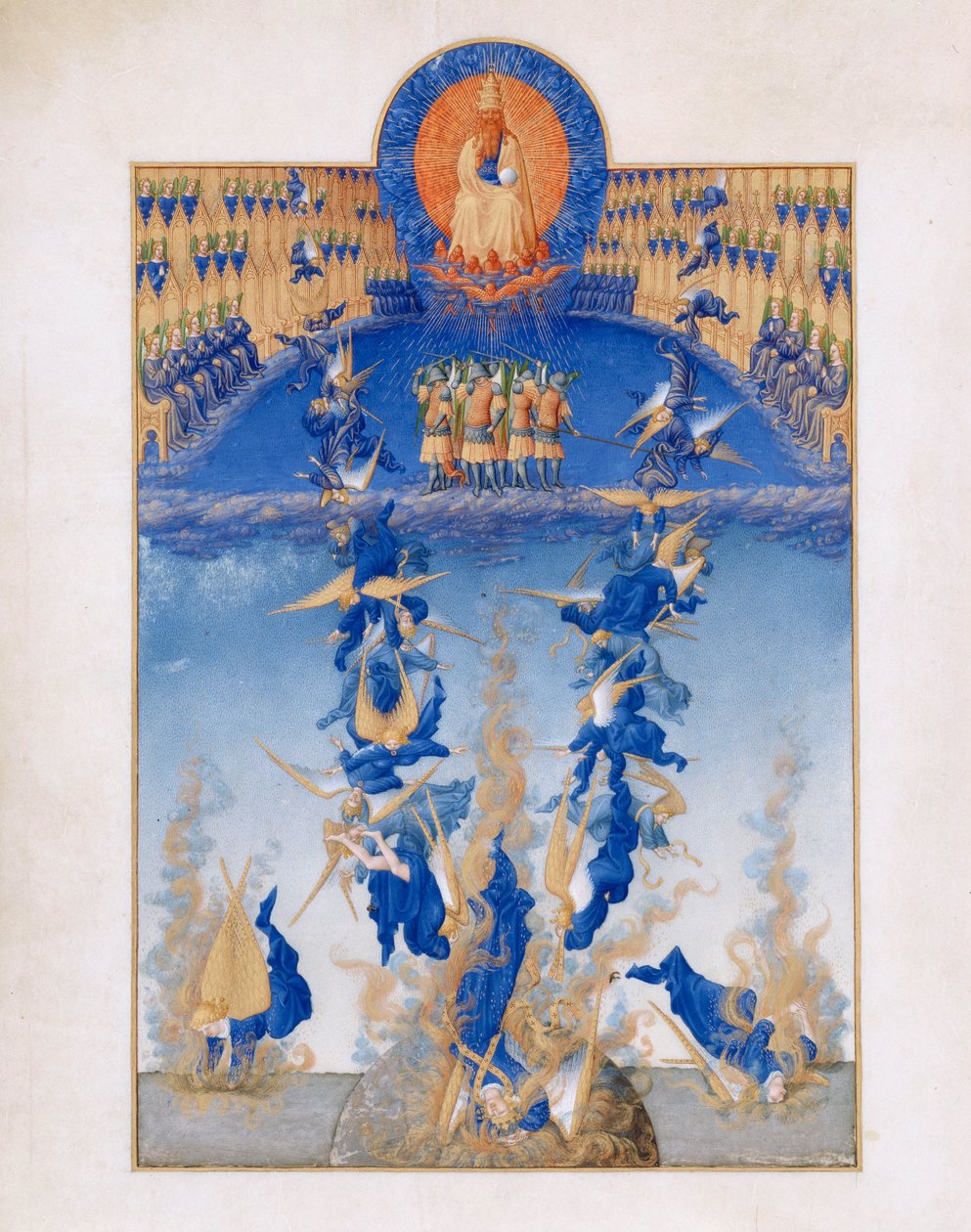 Très Riches Heures du Duc de Berry Folio 64, hátul: A lázadó angyalok bukása alkotó: Limbourg Brothers