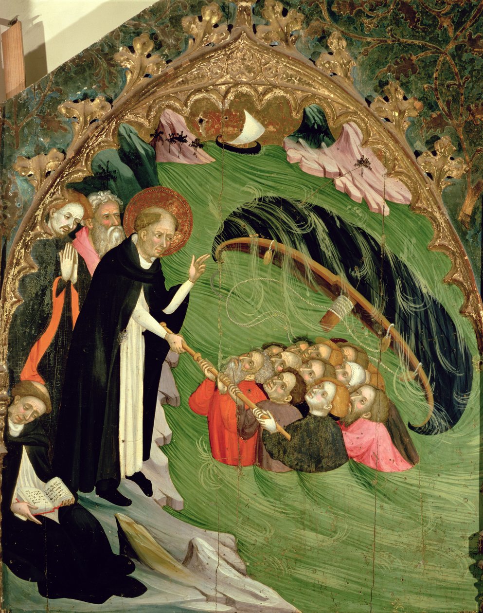 Szent Domonkos hajótörött halászokat ment meg a fulladástól, részlet a St. Claire-oltárból, 1415 alkotó: Lluís Borrassà