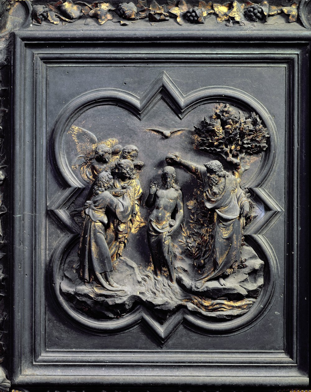Krisztus megkeresztelkedése, a San Giovanni Keresztelőkápolna északi ajtóinak ötödik panelje, 1403-24 (bronz) alkotó: Lorenzo Ghiberti