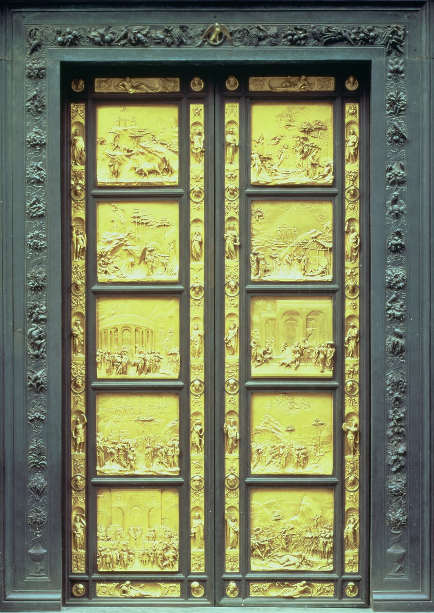 A Paradicsom Kapuja (East Doors), amely 10 domborművet tartalmaz, amelyek 1425-52 ószövetségi jeleneteket ábrázolnak (aranyozott bronz) alkotó: Lorenzo Ghiberti