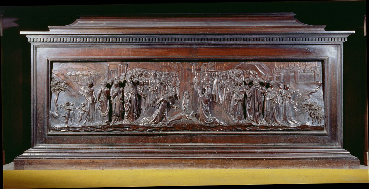 Szent Zenobius kegyhely, amelyen egy hosszú panel látható, amely a Strozzi fiú csodáját ábrázolja. 1432-42 körül (bronz) alkotó: Lorenzo Ghiberti