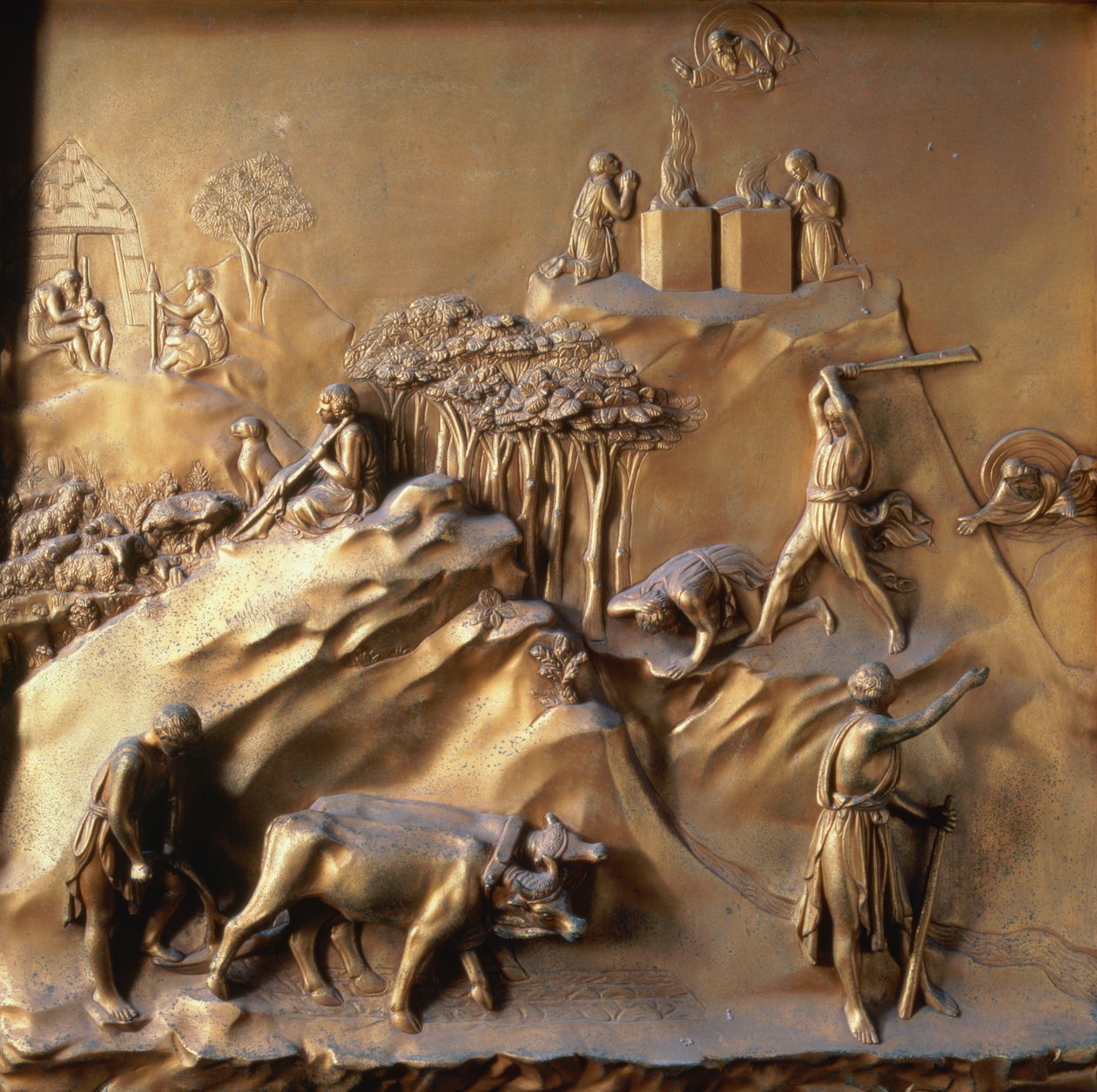 Káin és Ábel története: Áldozat, Ábel meggyilkolása és Káint száműző Isten, a Paradicsom Kapujából (keleti ajtók), 1425-52 (aranyozott bronz) készült tíz dombormű egyike (lásd még 87652 és 87654-67 alkotó: Lorenzo Ghiberti