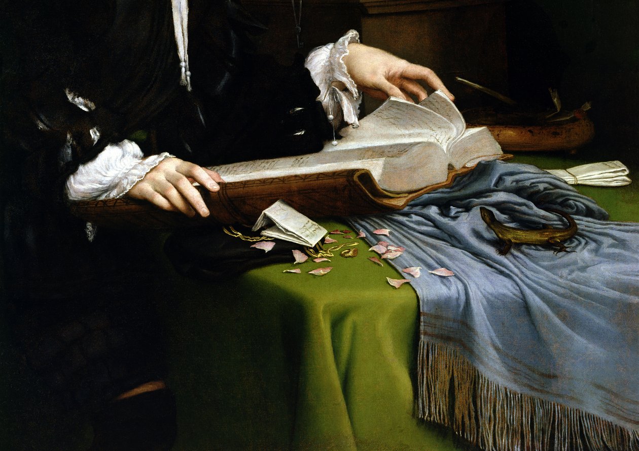 Egy úriember portréja a tanulmányában, 1528-30 (részlet) (restaurálás után) alkotó: Lorenzo Lotto