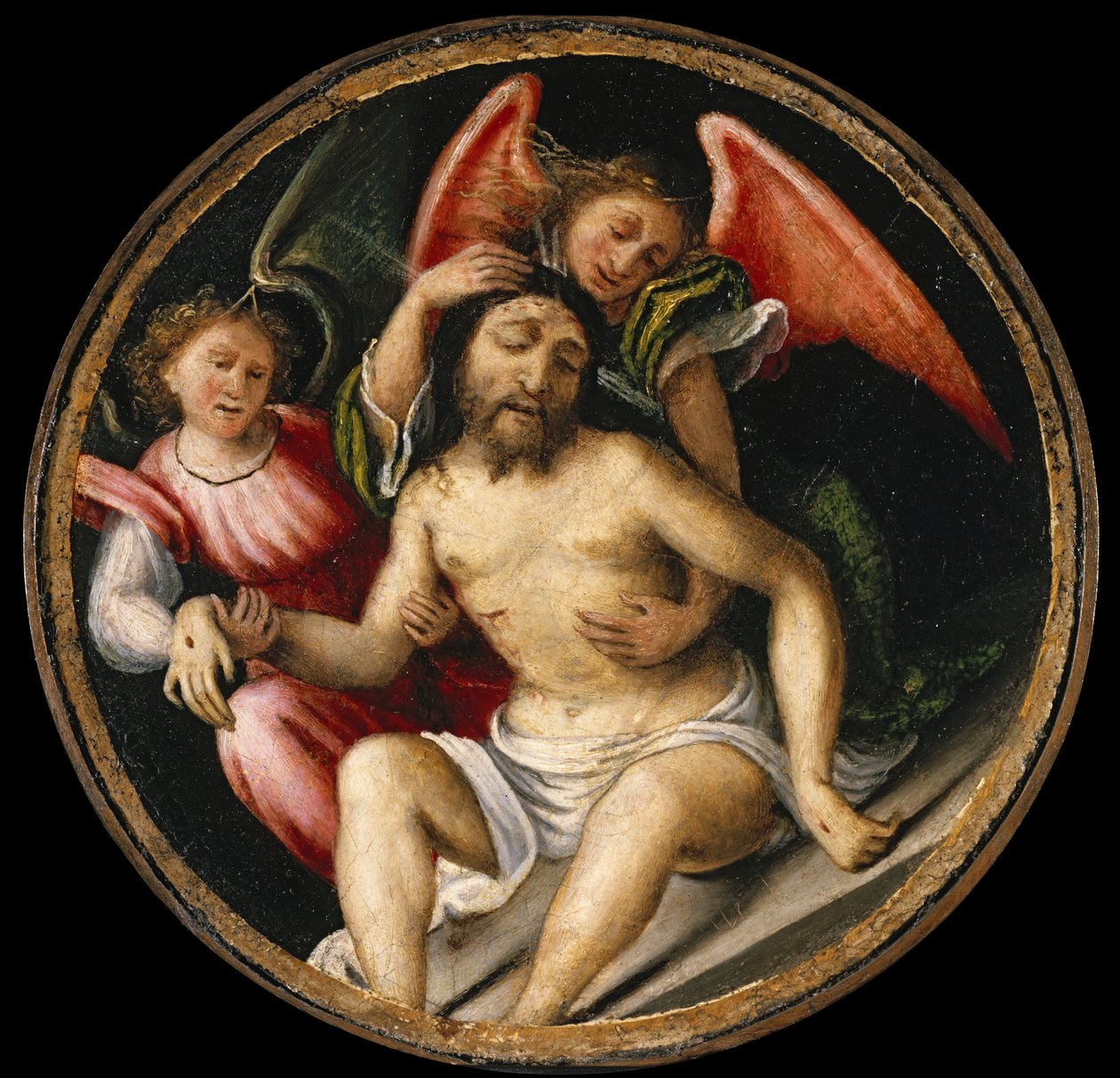 Krisztus angyalok által támogatott teste, 1513-1516 körül alkotó: Lorenzo Lotto
