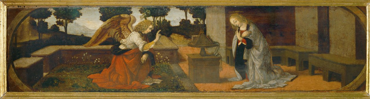 Annunciation, egy predella része ... alkotó: Lorenzo di Credi