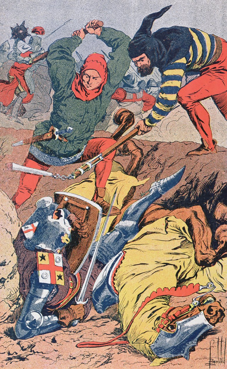 A gyalogosan harcoló flamand polgárok legyőzik a jól páncélozott és lovas francia lovagokat a Courtrai melletti Golden Spurs-i csatában 1302-ben, 1900 körül. alkotó: Louis Charles Bombled