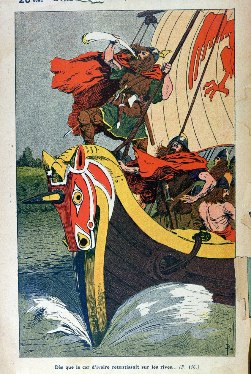 A viking kürtöt fúj egy hosszúhajón, ahogy közeledik a skandináv partokhoz, illusztrált tányér Jules Michelet „L