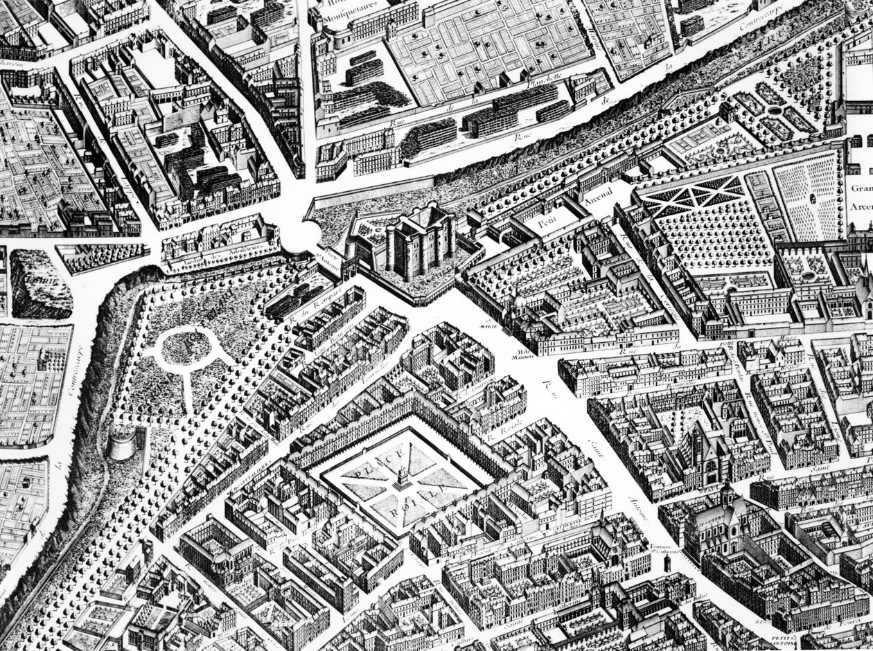 A Bastille, a Place Royale ma Place des Vosges és a Rue Saint-Antoine, részlet a párizsi tervből, a Plan de Turgot néven ismert, Claude Lucas metszetében, 1734-39 metszet: 233535 alkotó: Louis Bretez