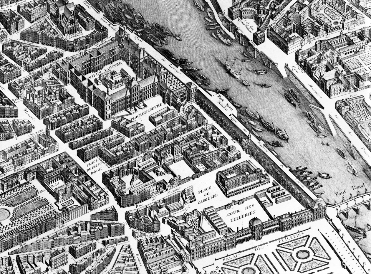 A régi Louvre, a Palais Royal és a Tuileries, részlet a Párizsi Tervből, Turgot-tervként ismert, Claude Lucas metszetében, 1734-39 metszet 233535. alkotó: Louis Bretez