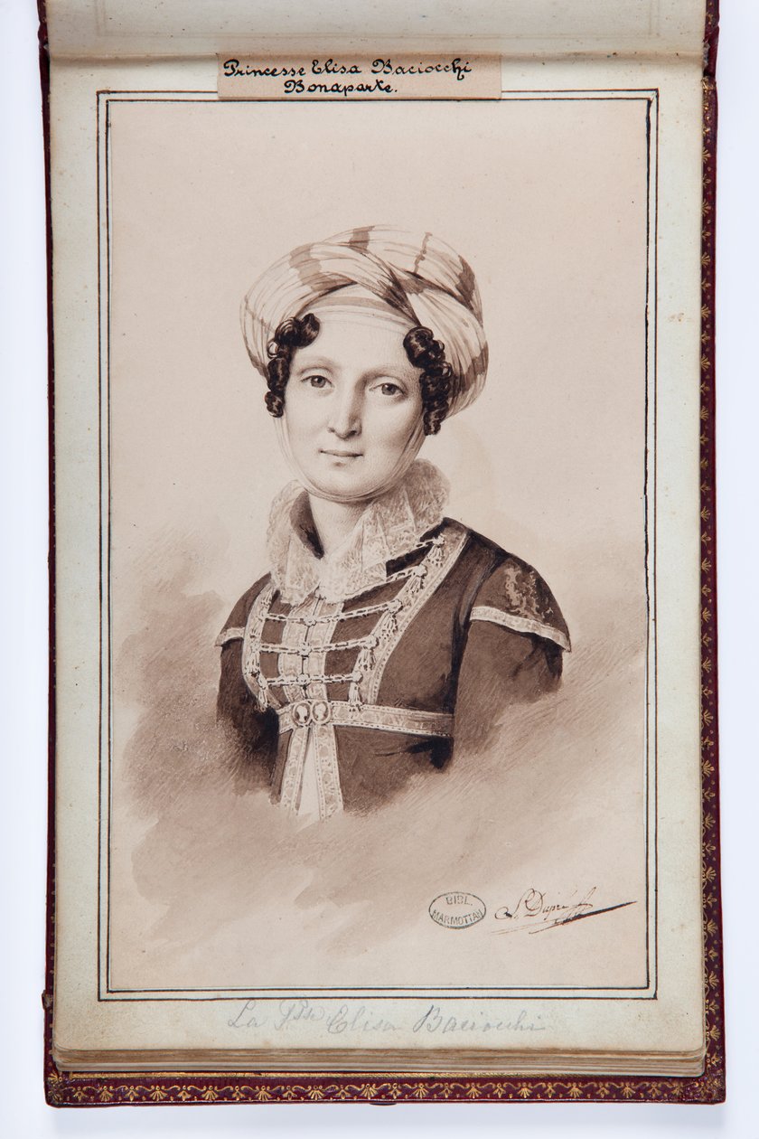 Elisa Bonaparte, Baciocchi hercegnő portréja, illusztráció Elisa Bonaparte kis albumából, 1820 körül (toll és tinta, mosás, papír) alkotó: Louis Dupré