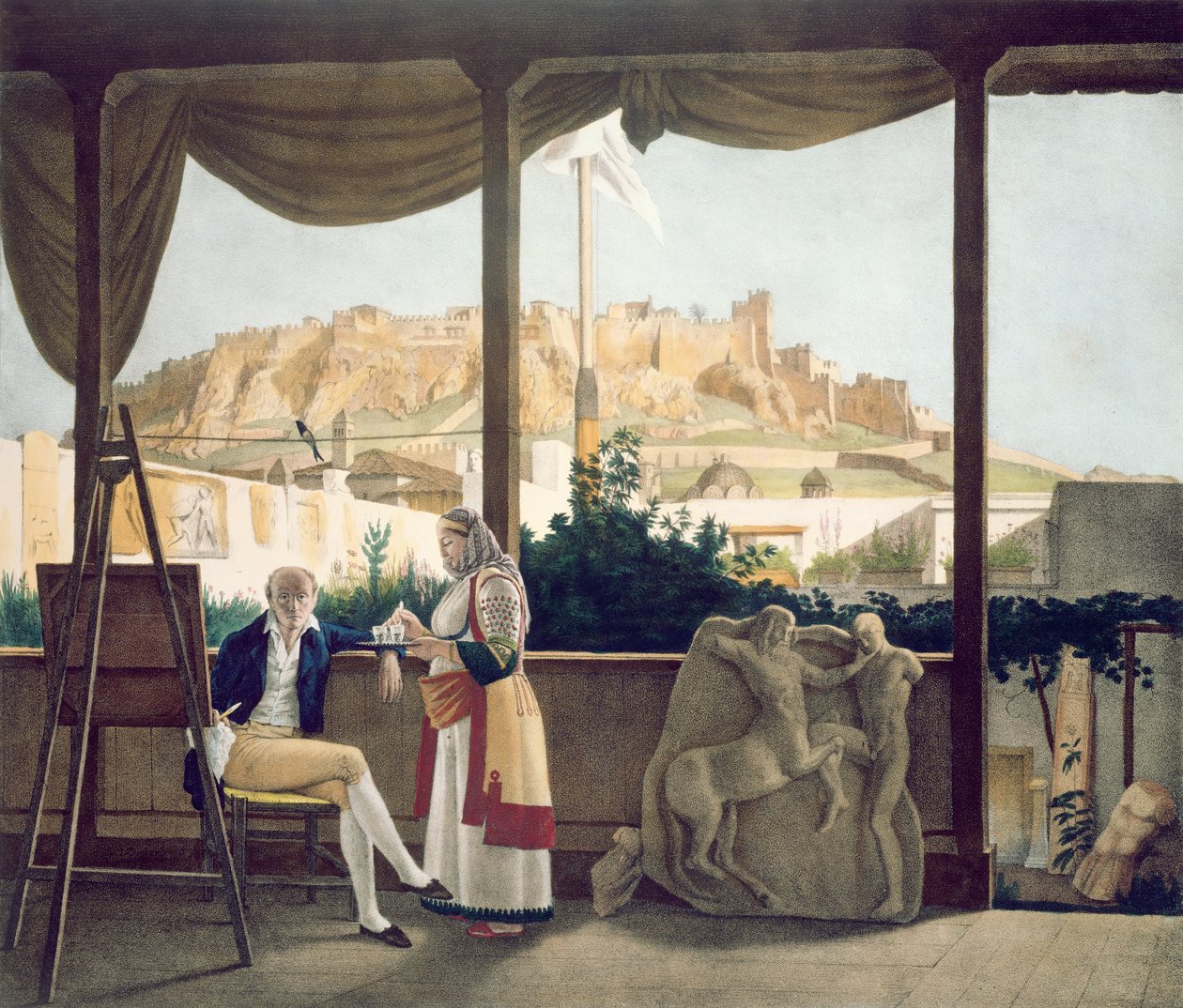 A francia konzul, Monsieur Fauvel, athéni házának teraszán, a Thierry testvérek metszete, 1825. alkotó: Louis Dupré