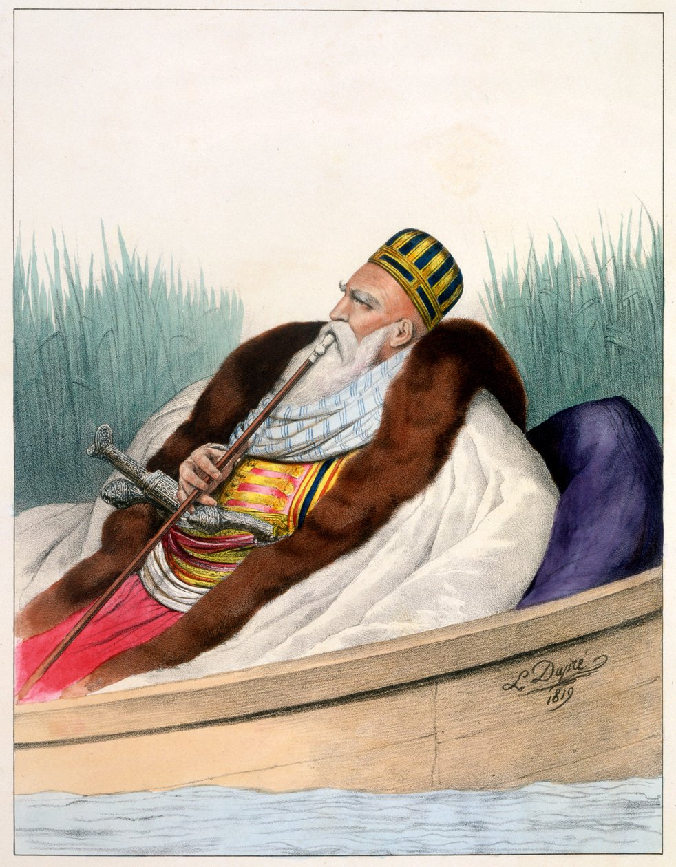 Ali pasa de Janina egy csónakban a Butrinte-tavon 1819-ben – VII. tábla, Lemercier metszete a „Voyage à Athens et a à Constantinople” című könyvből, írta és illusztrálta Dupre, 1828 alkotó: Louis Dupré