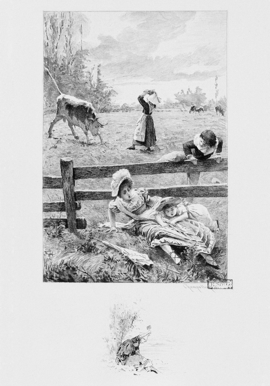 A szolga Felicite és a bika, illusztráció Gustave Flaubert (1821-80) "Un coeur simple" című művéből, megjelent 1894-ben, metszette Eugene Andre Champollion (1848-1901) Párizs, Libraire Editeur A. Ferroud. alkotó: Louis Emile Adan