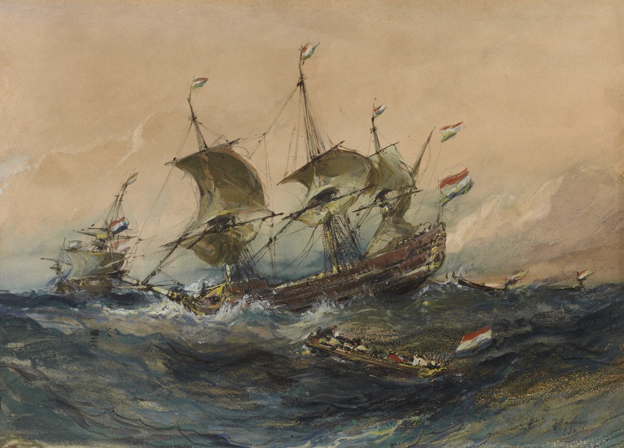 Holland hajók viharban, 1839 (wc és gouache szőtt papíron) alkotó: Eugene Isabey