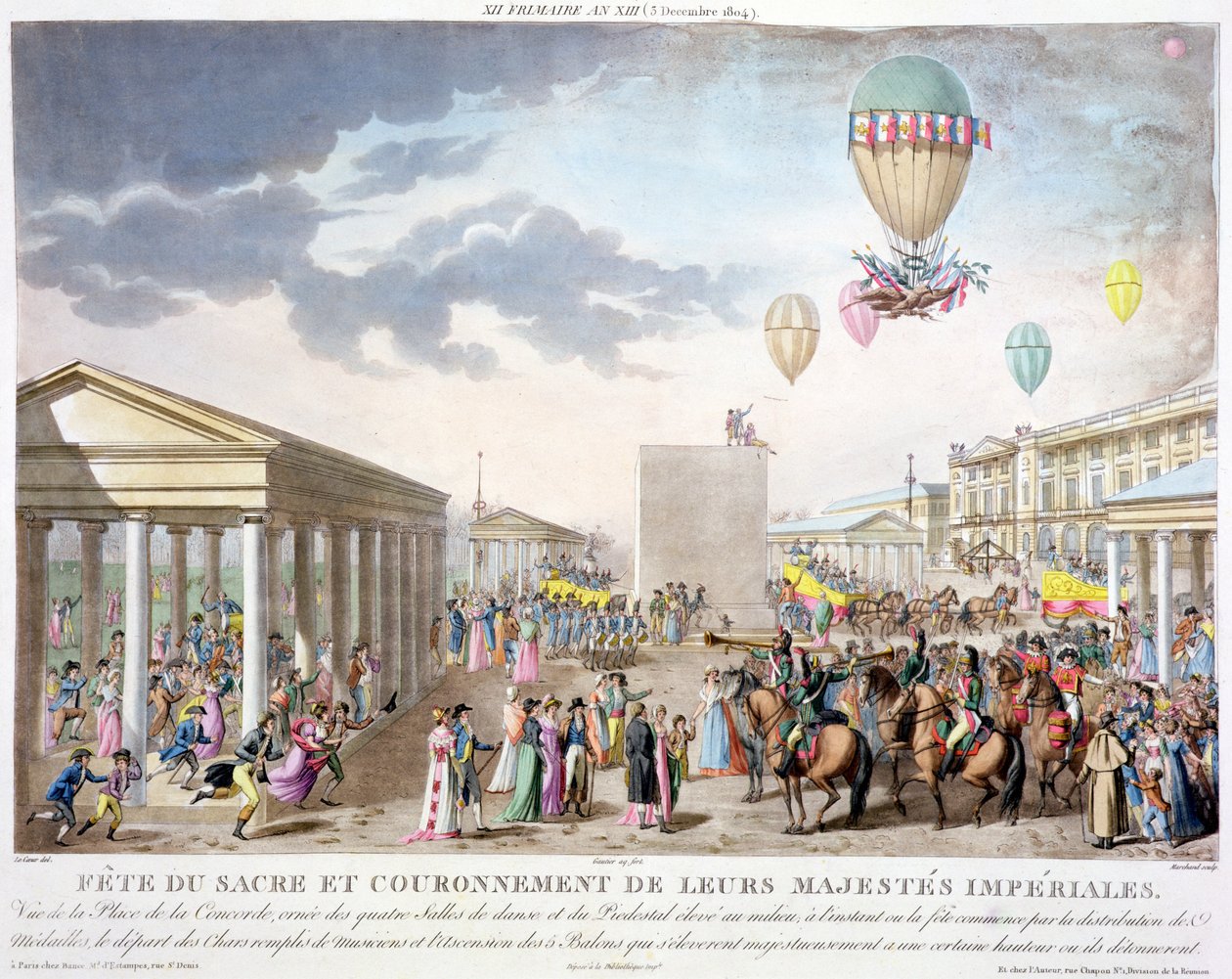 Császári Felségeik Szent Fesztiválja és Koronázása, Kilátás a Place de la Concorde-ra, Párizs, Marchand metszetében, 1806-ban (kézzel színezett metszet) alkotó: Louis Le Coeur