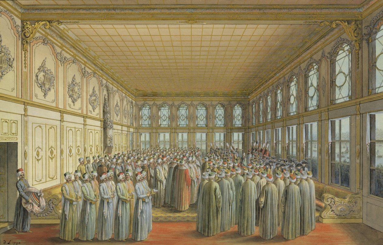 Egy nagykövet fogadása a nagyvezír által a Topkapi palotában, Konstantinápolyban, 1790 (wc és testfesték krétával, tollal és tintával papíron) alkotó: Louis Nicolas de Lespinasse