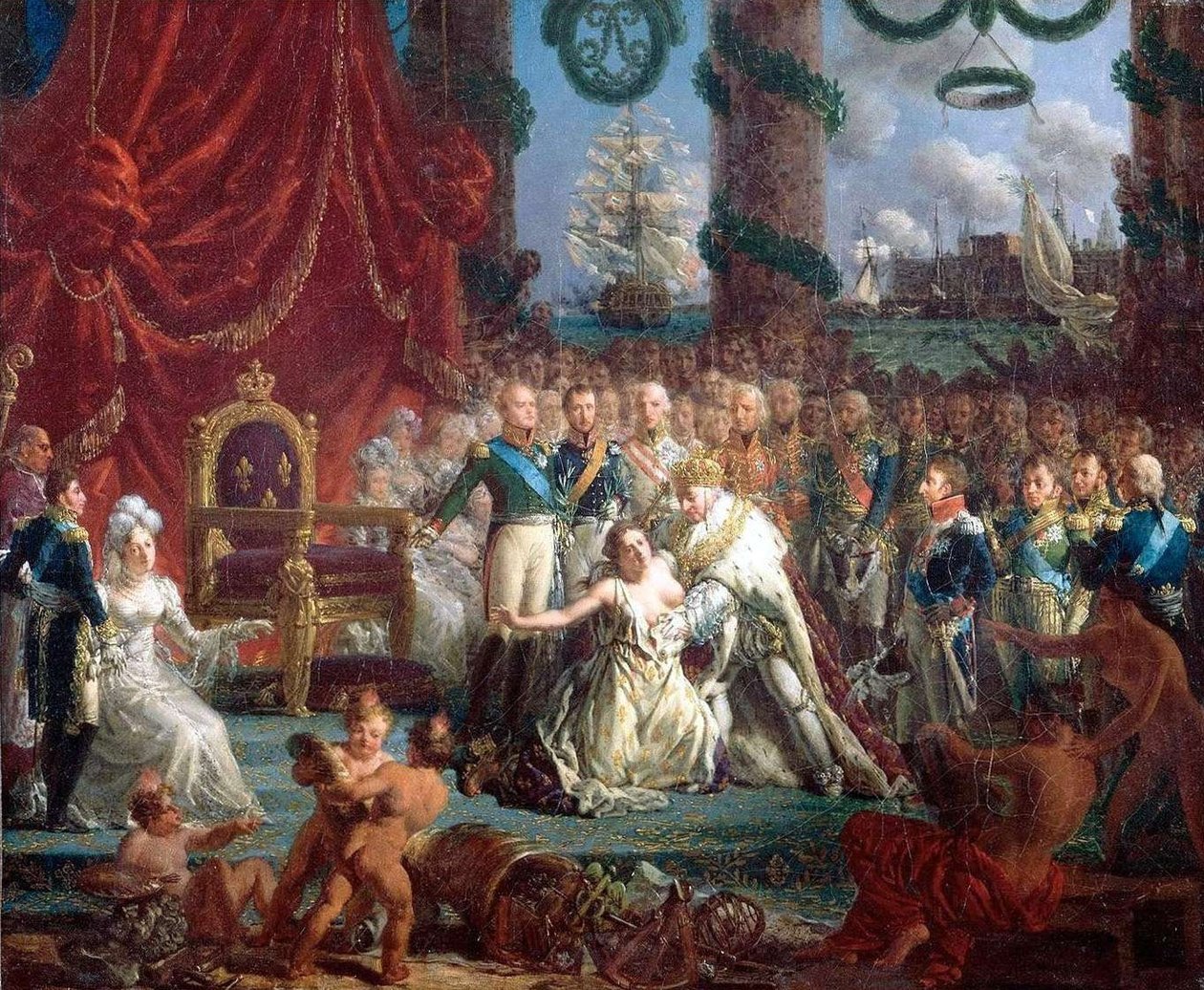 A Bourbonok 1814 április 24 -i hazatérésének allegóriája: XVIII. Lajos felemelte Franciaországot romjaiból. alkotó: Louis Philippe Crepin