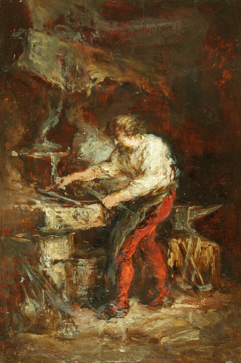 The Smithy (olaj a panelen) alkotó: Louis Eugene Gabriel Isabey