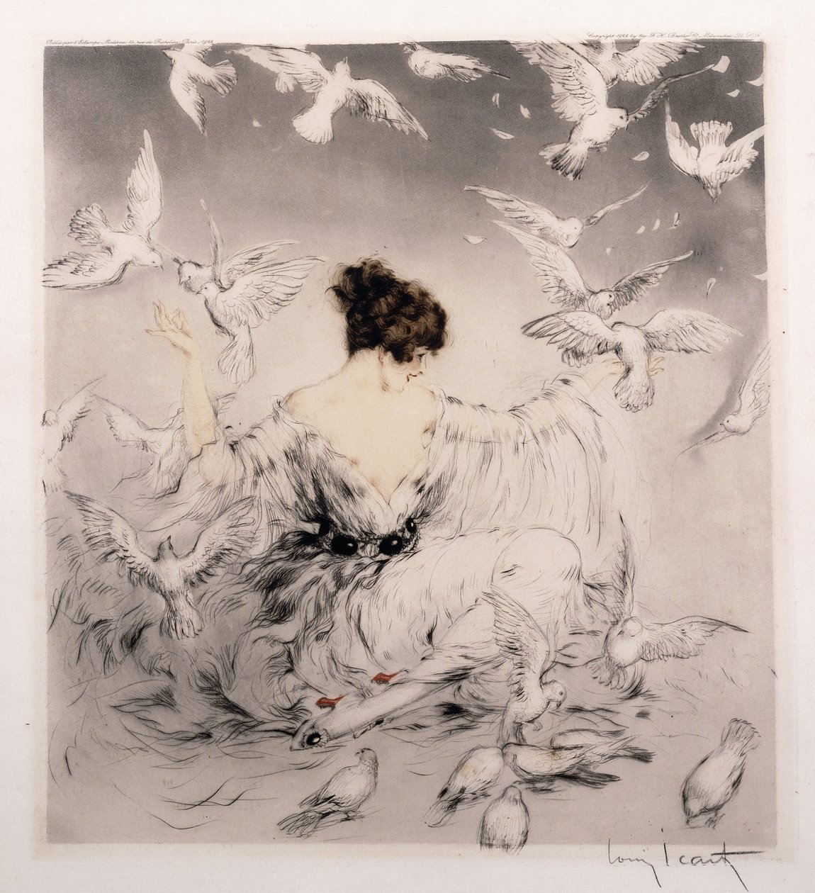Lány galambokkal alkotó: Louis Icart