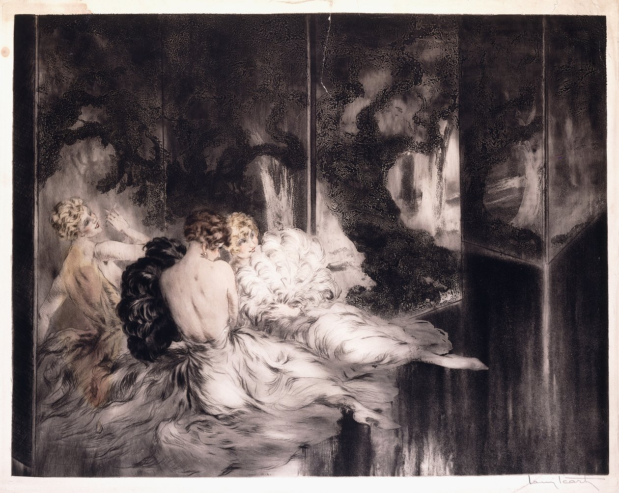 Három nő pihen a képernyő mellett alkotó: Louis Icart