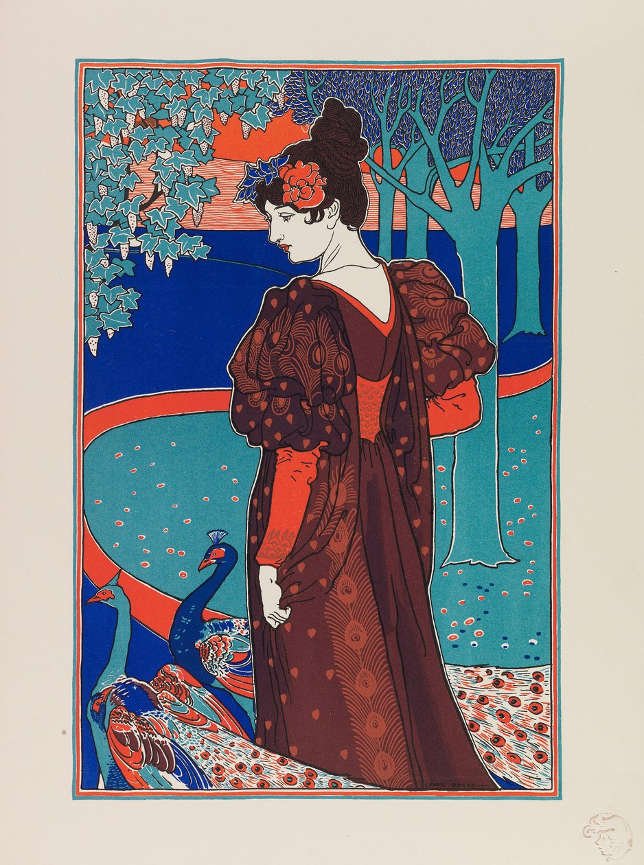 Pávás nő, 1897 körül. alkotó: Louis John Rhead