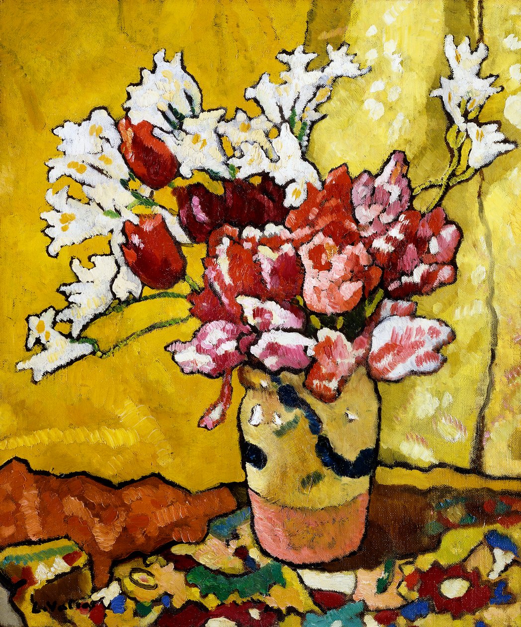 Váza, tulipánok és fehér virágok alkotó: Louis Valtat