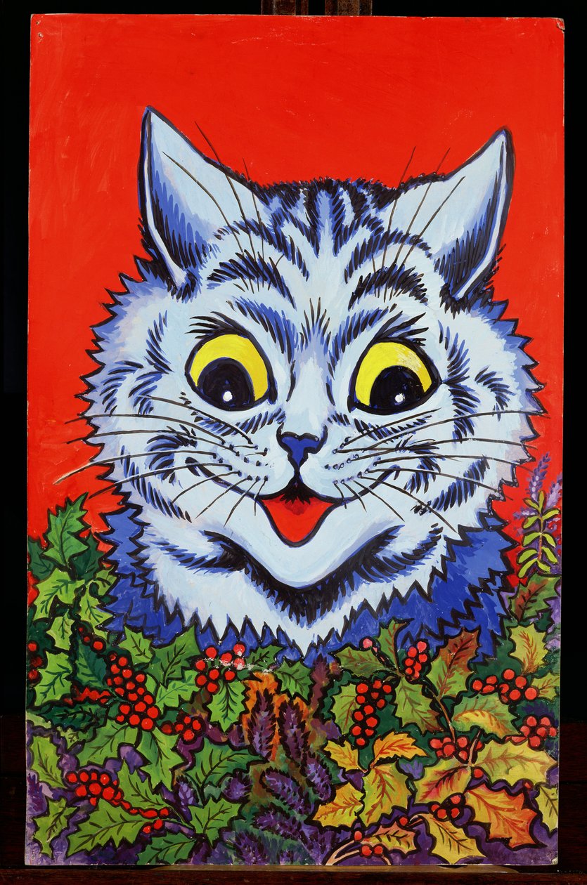 Macska magyalban (guache) alkotó: Louis Wain