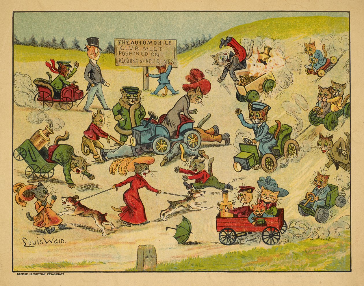 Macskák különböző autókban. alkotó: Louis Wain
