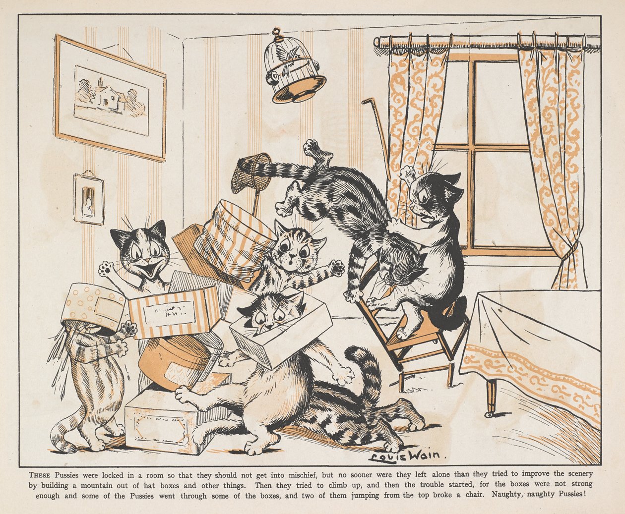 Dobozokkal játszó macskák egy szobában. alkotó: Louis Wain