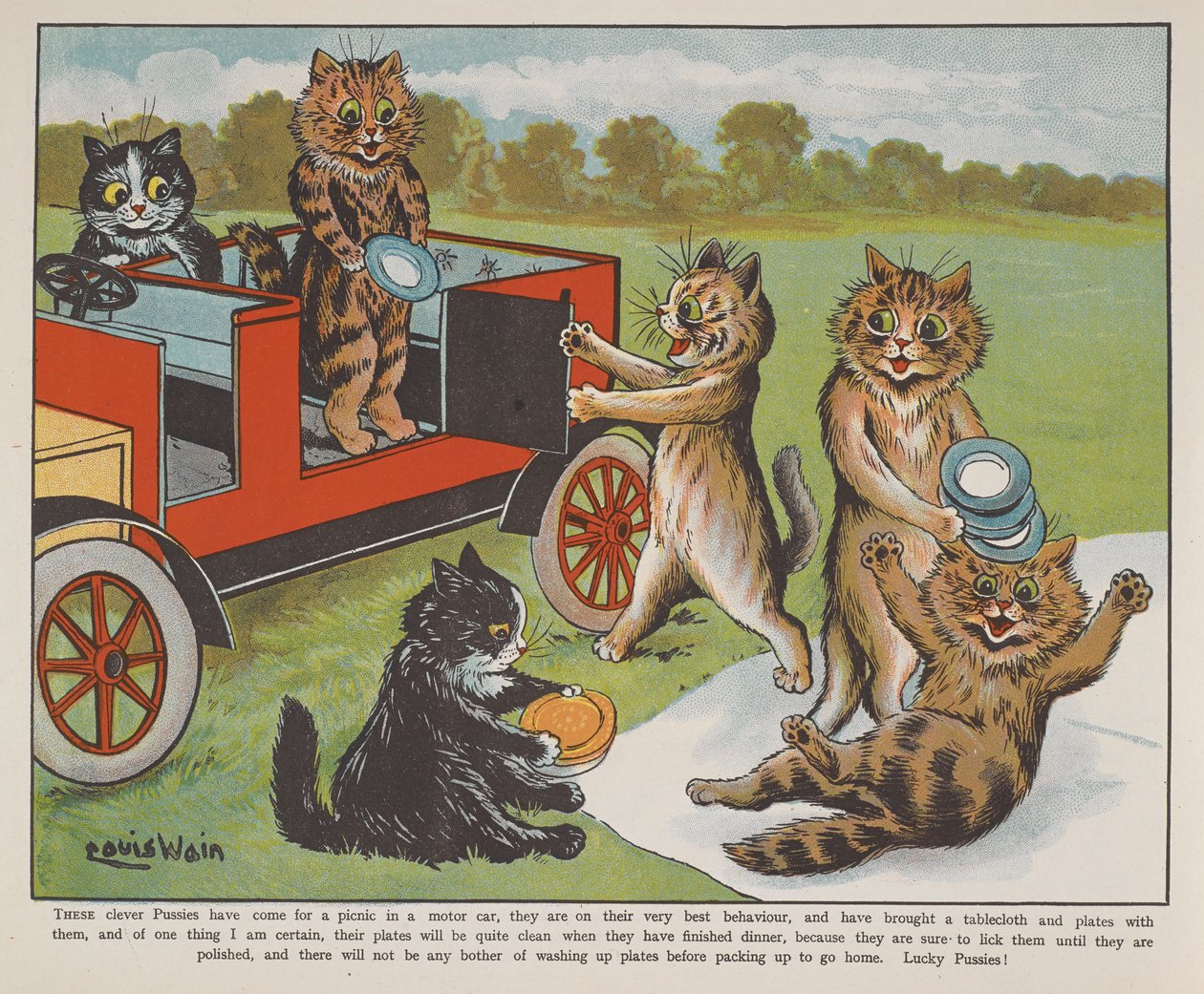 Piknikre készülő macskák. alkotó: Louis Wain