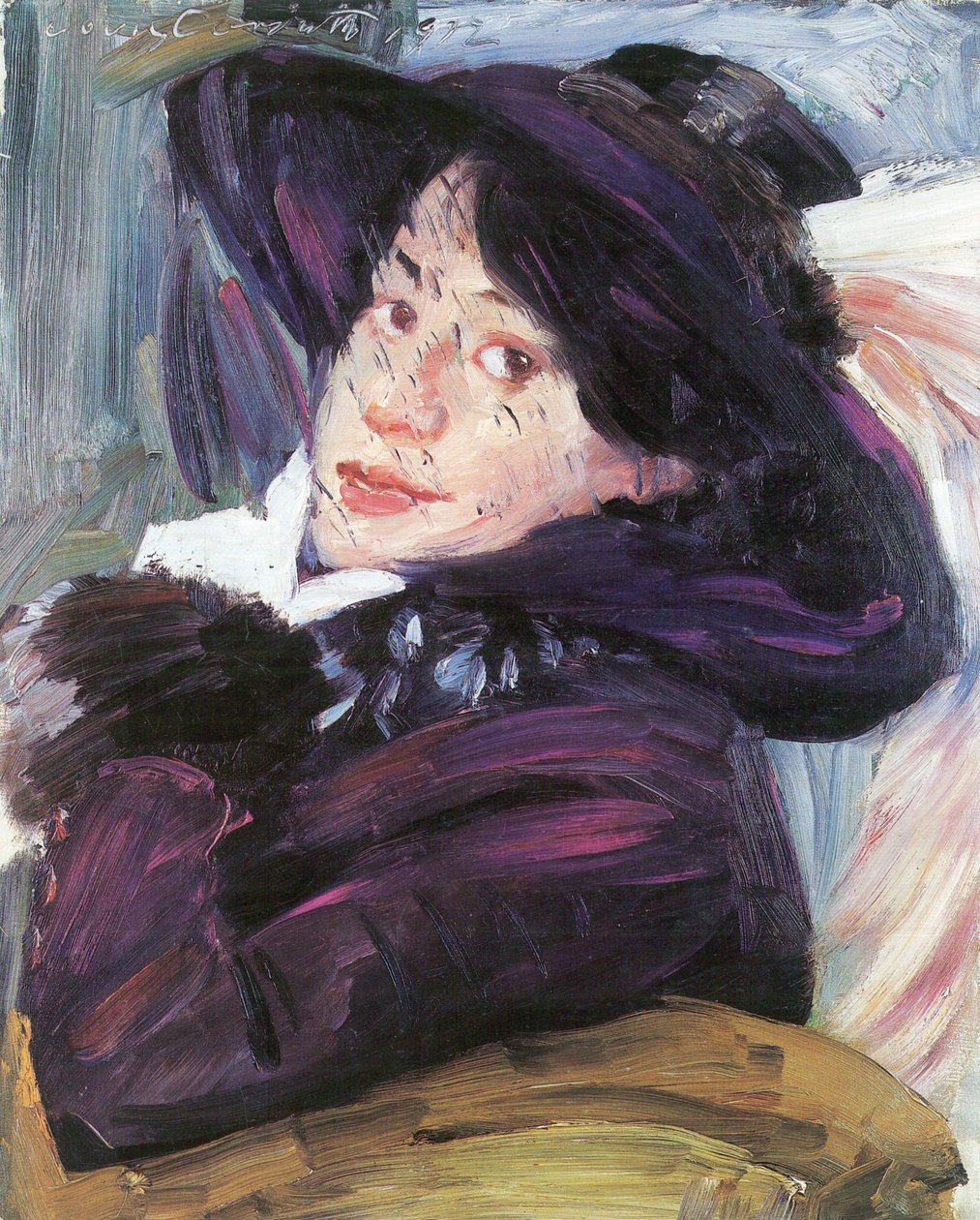 Lila kalapos nő portréja alkotó: Lovis Corinth