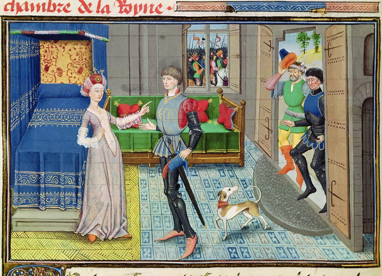 Ms 5072 fol.130v Maugis of Aigremont és Isanne a királynő hálószobájában, a Renaud de Montauban ciklusból alkotó: Loyset Liedet