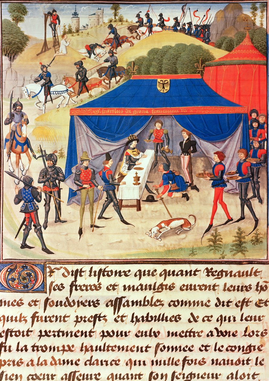 Ms 5073 fol. 253v Renaud de Montauban és Charlemagne (742-814), a Renaud de Montauban ciklusból alkotó: Loyset Liedet