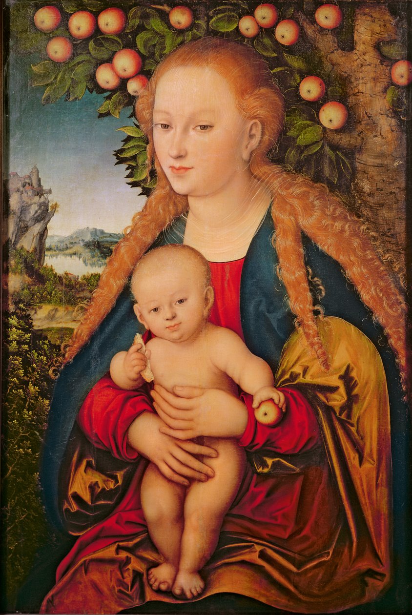 A Szűz és a Gyermek egy almafa alatt, 1520-26 (olaj, vászon a p tr om anelről átkerülve)) 99 : Jézus Krisztus; baba; ölében; almák; tájkép; háttér; szimbolizmus; Éva; bűn; szimbolikus; csecsemő; rur alkotó: Lucas Cranach the Elder